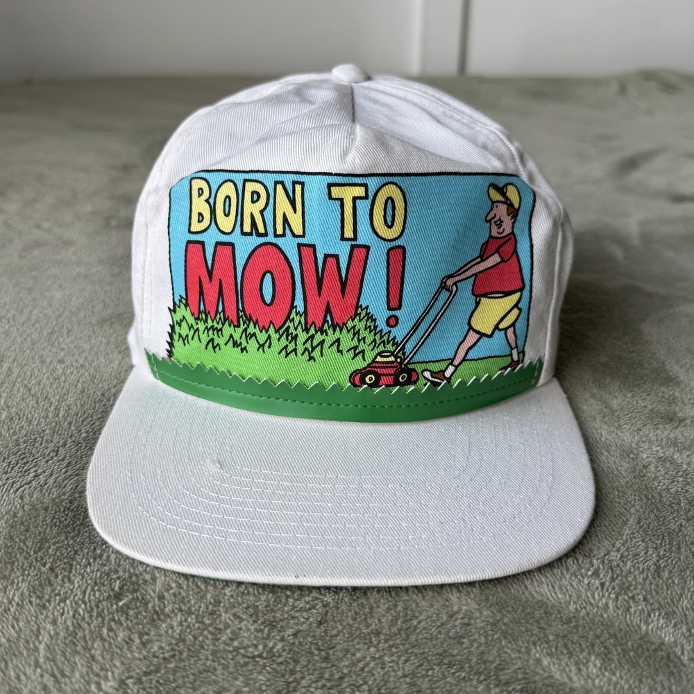 Avon Hat Cap Snap Back Mens One Size White Born To Mow Lawn Dad Funny Graphic